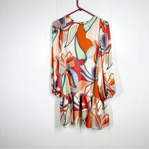 Alexie Retro Abstract Floral Long Sleeve Midi Dress Medium